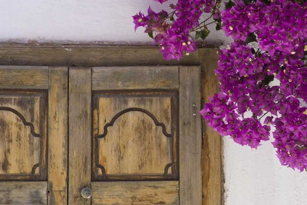 Greece, Hora Wooden doorway and bougainvillea
